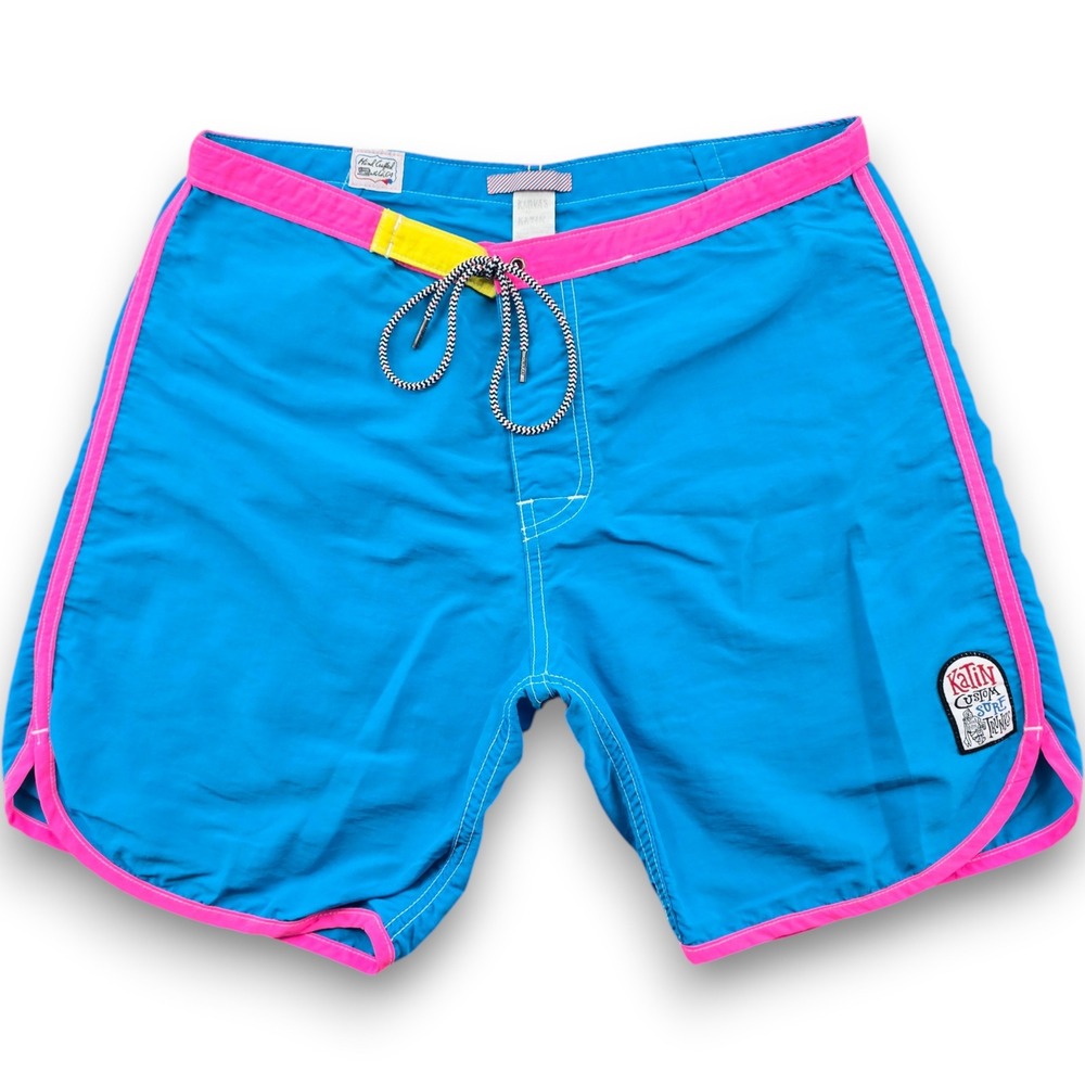 Katin Mens Board Shorts Size 32 Blue Pink Nylon Surf Trunks Made in USA Snap Fly